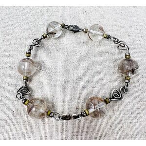 Sterling Silver Rutilated Quartz Bead & Swirl  Link Design Bracelet 8 Inches